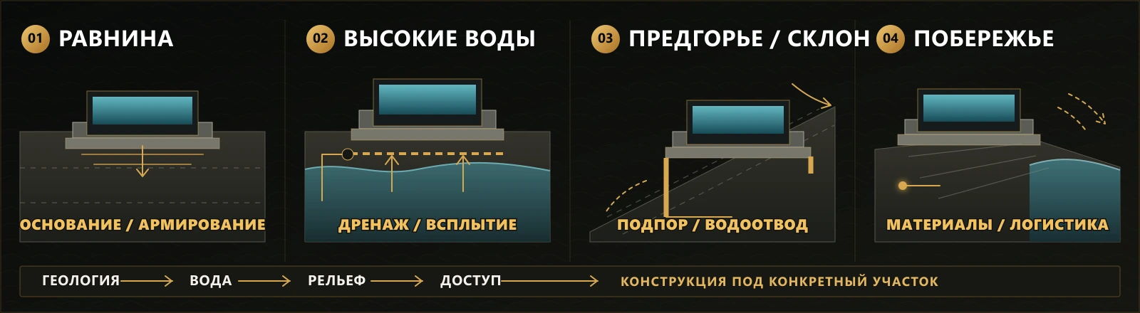 Как условия участка влияют на конструкцию бассейна: равнина, грунтовые воды, склон и побережье